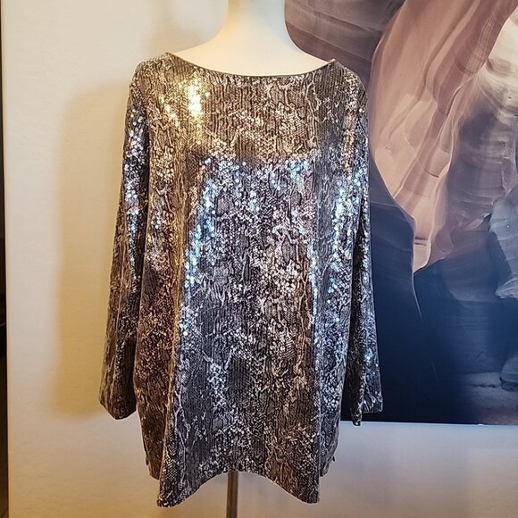 Chico's SZ 3 XL Grey Snake Sequin Tunic Top Sweater Top Pullover  Blouse NEW - Picture 1 of 8